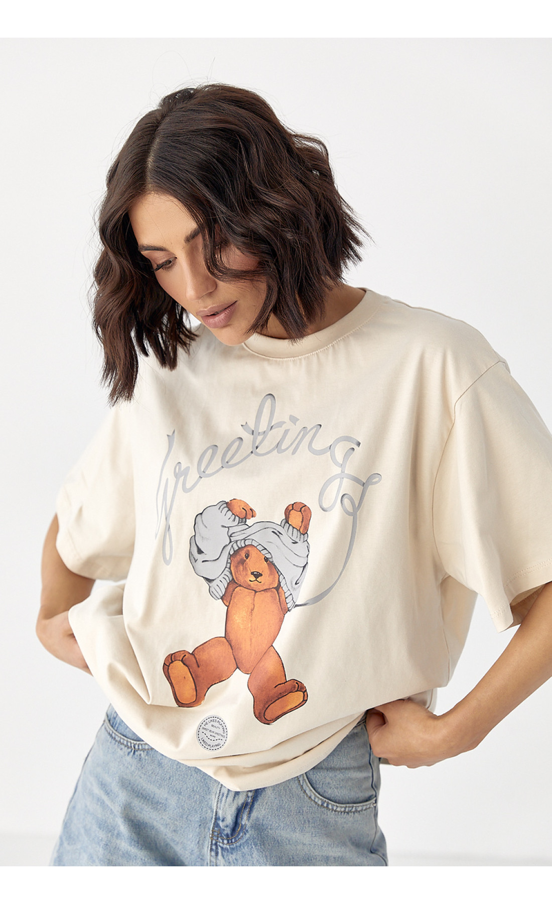 Бавовняна футболка з ведмедиком  бежевий колір