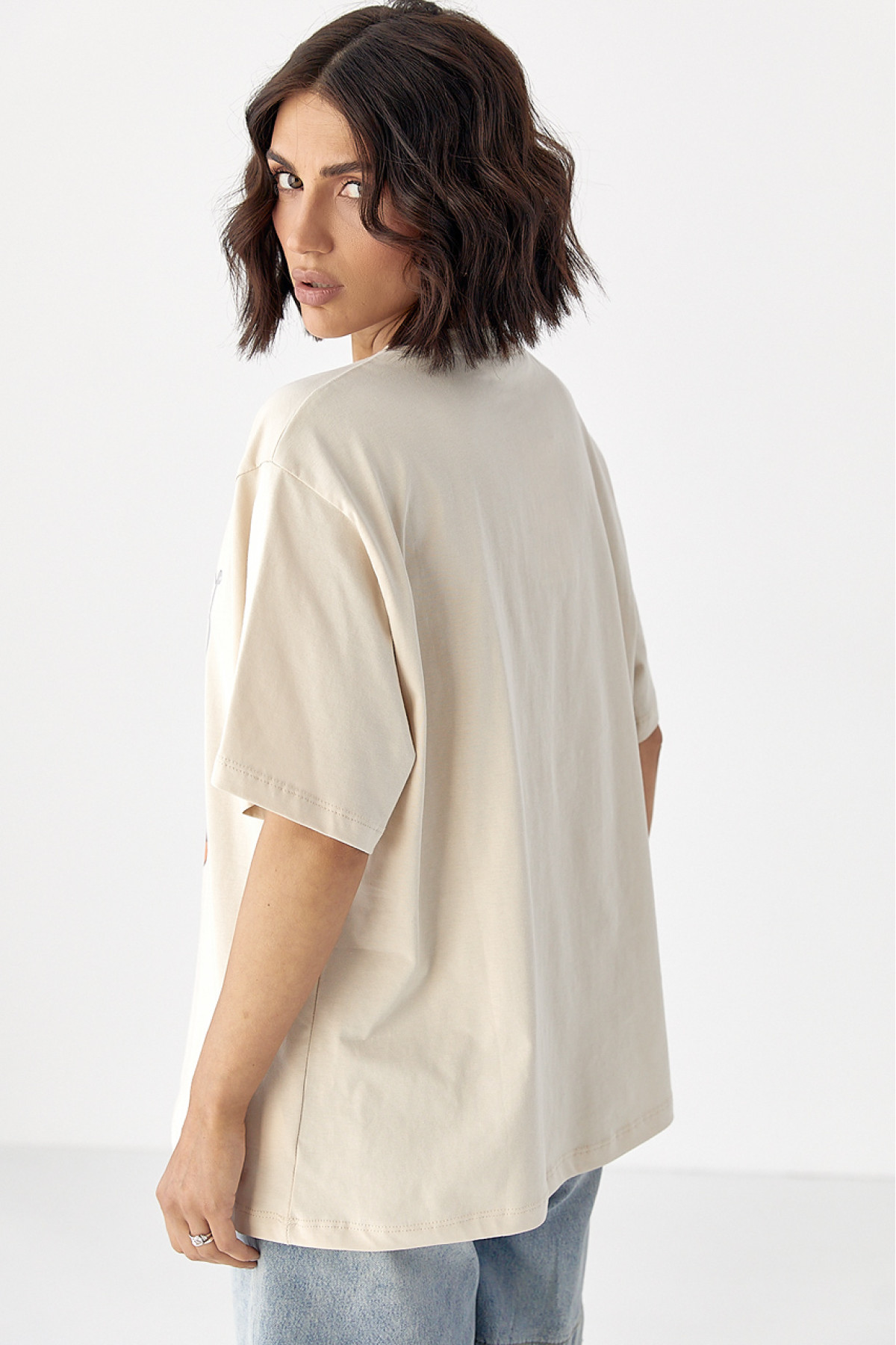 Бавовняна футболка з ведмедиком  бежевий колір