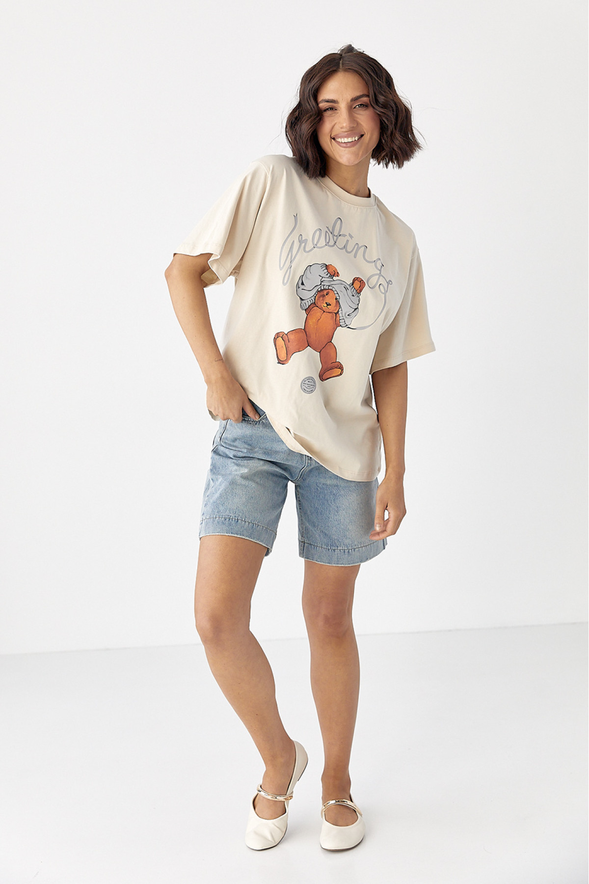 Бавовняна футболка з ведмедиком  бежевий колір