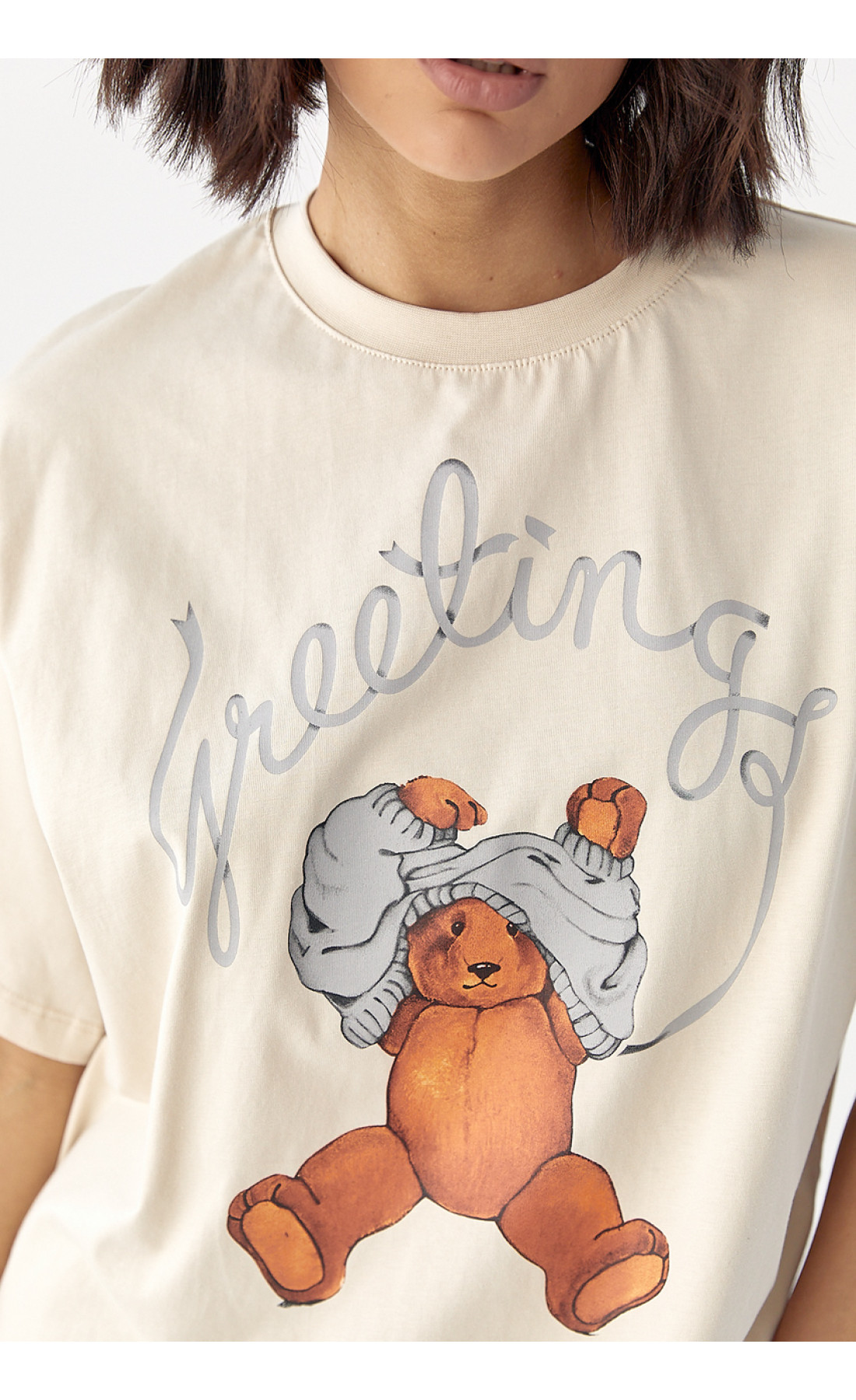 Бавовняна футболка з ведмедиком  бежевий колір