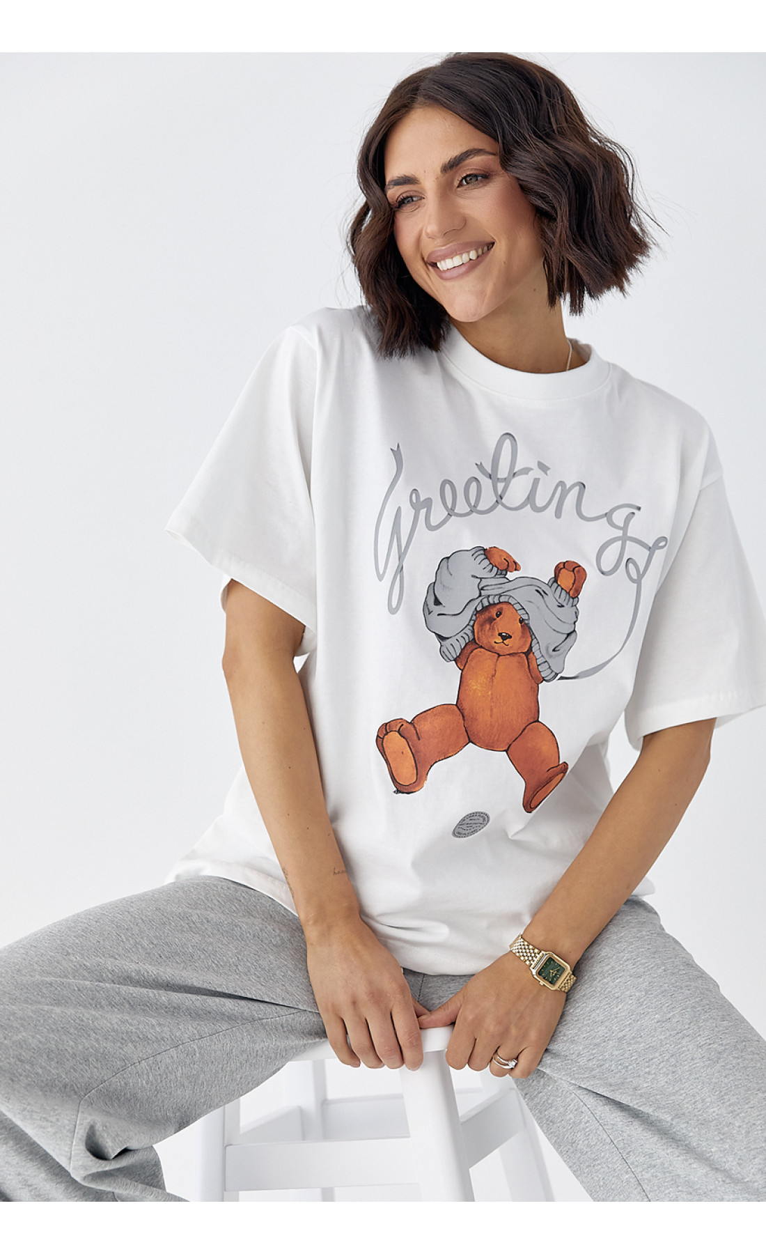 Бавовняна футболка з ведмедиком  білий колір