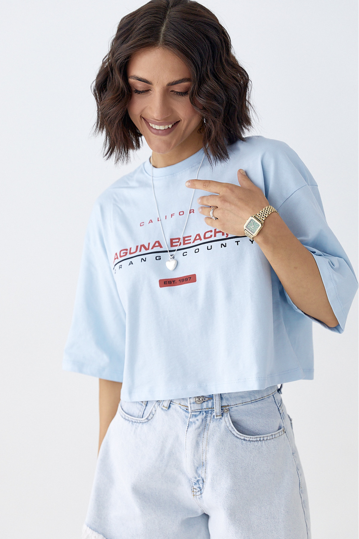 Укорочена футболка вільного крою  блакитний колір