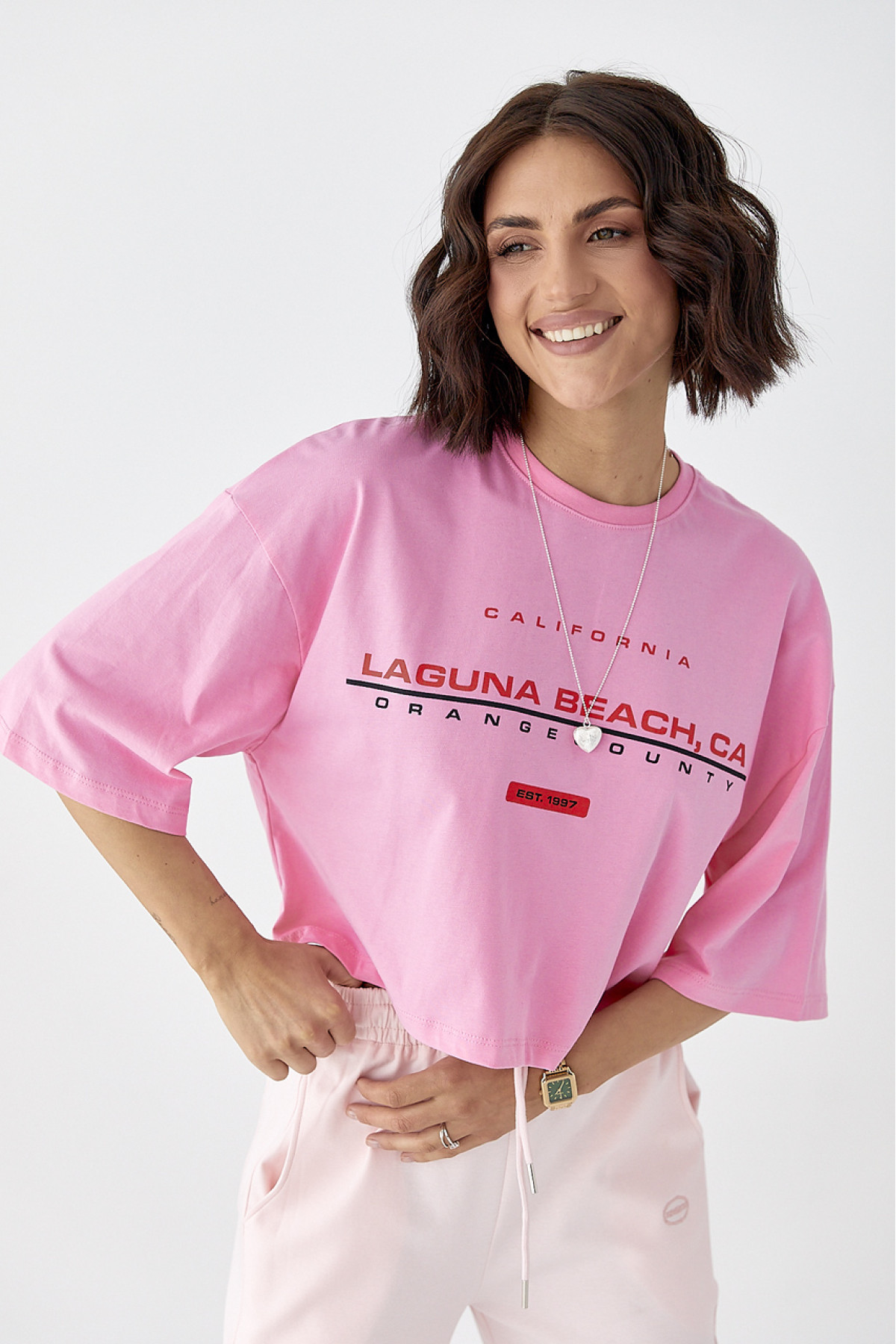 Укорочена футболка вільного крою  рожевий колір