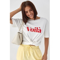 Однотонна футболка з написом Voila  молочний колір