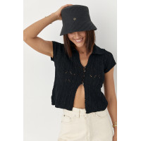 Жіноче поло на ґудзиках з ажурної в'язки  чорний колір