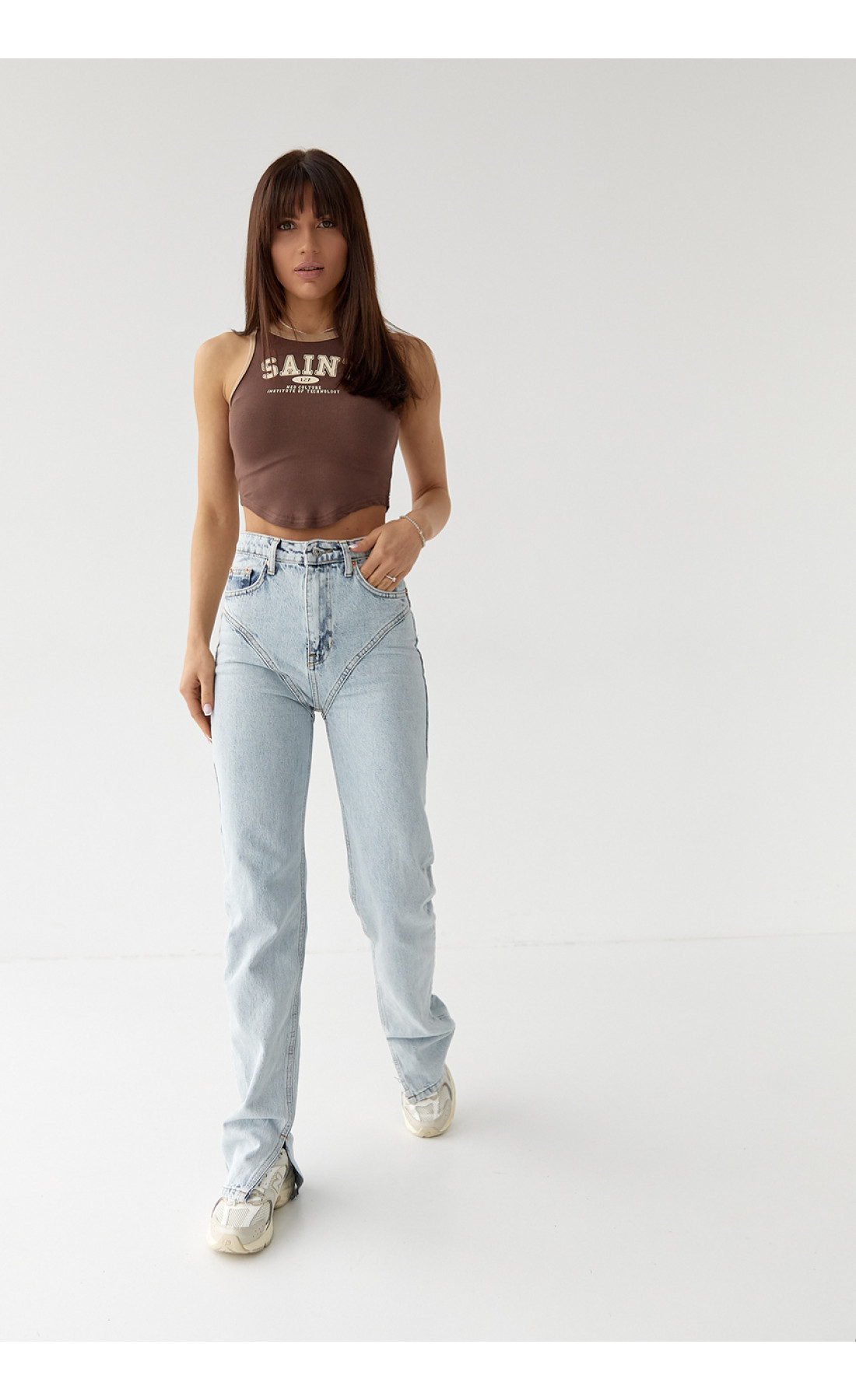 Джинси з високою талією та фігурною кокеткою  небесноблакитний колір