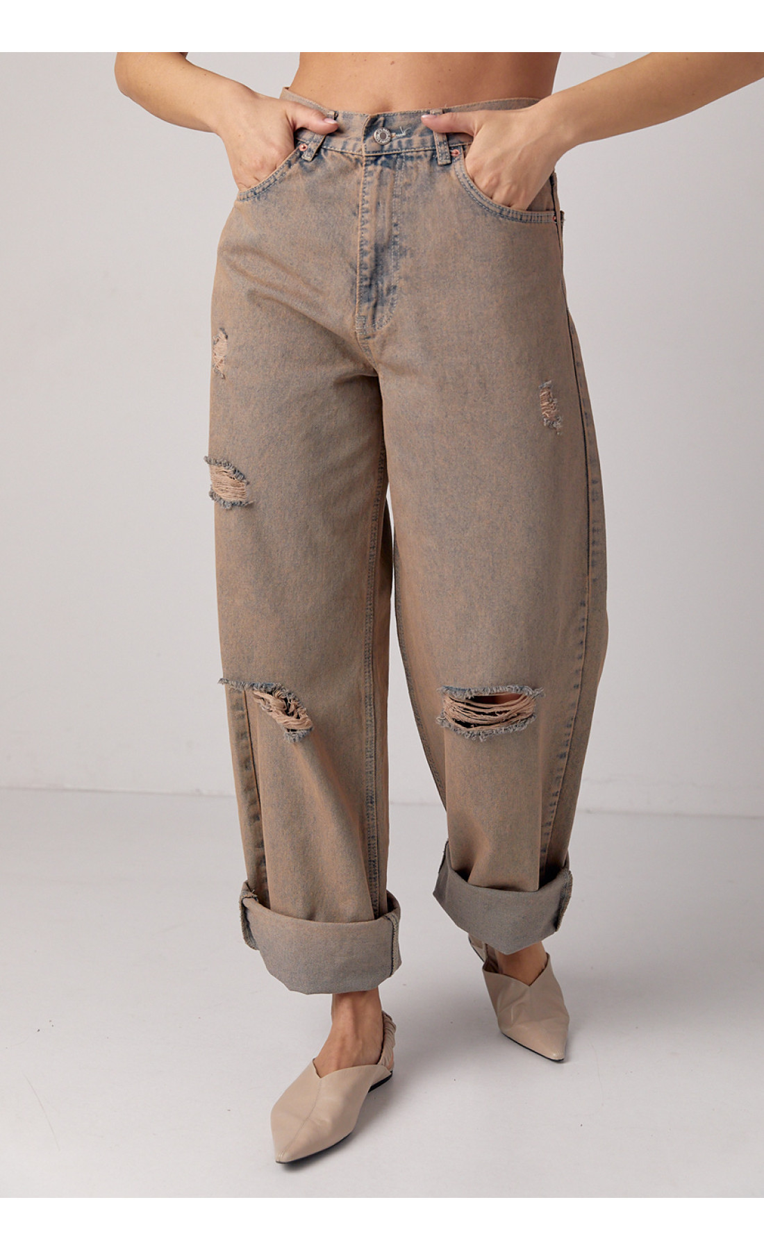 Джинси baggy з рваними елементами  кавовий колір