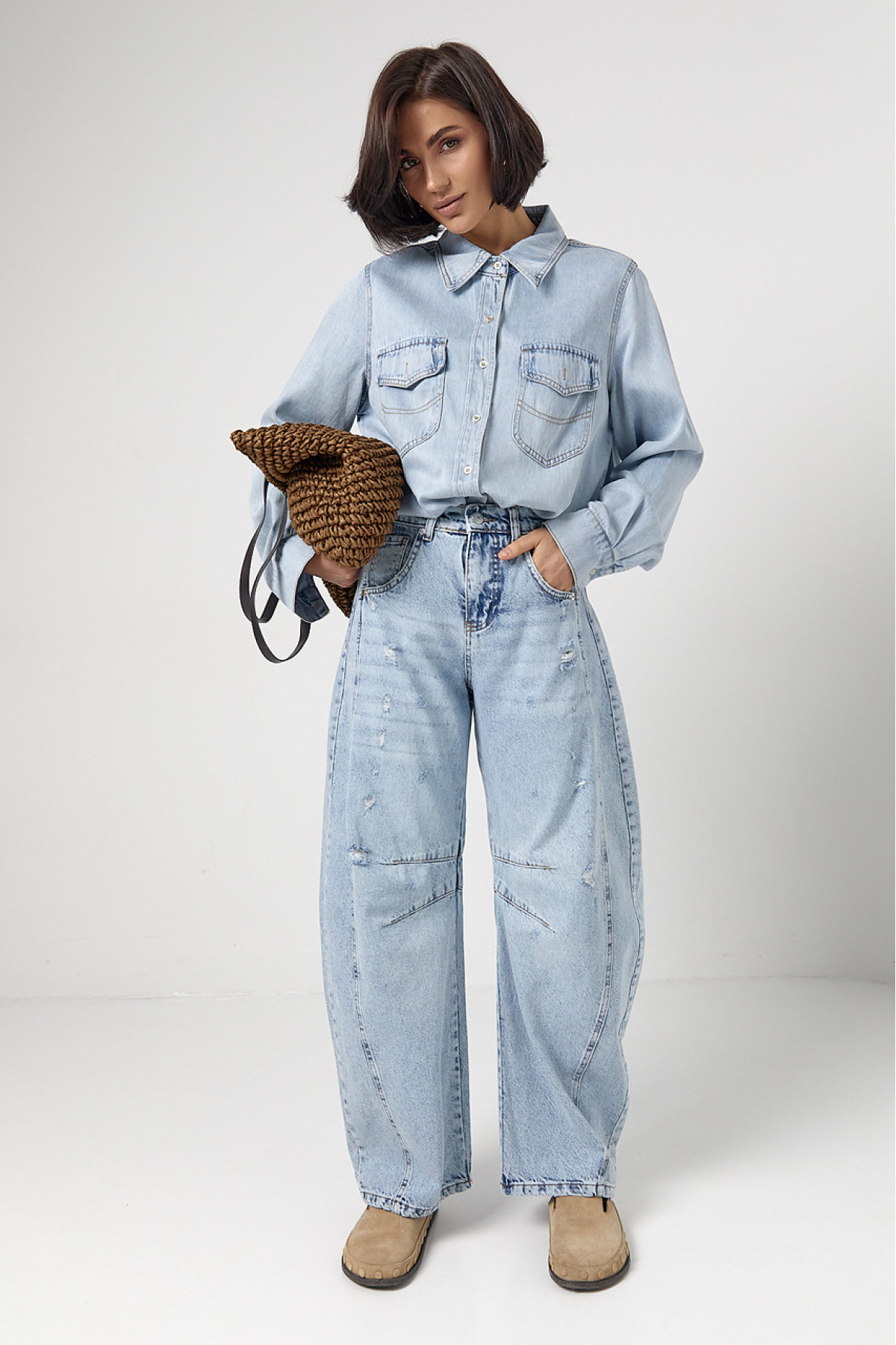 Джинси жіночі  Вaggy з рваним ефектом  блакитний колір