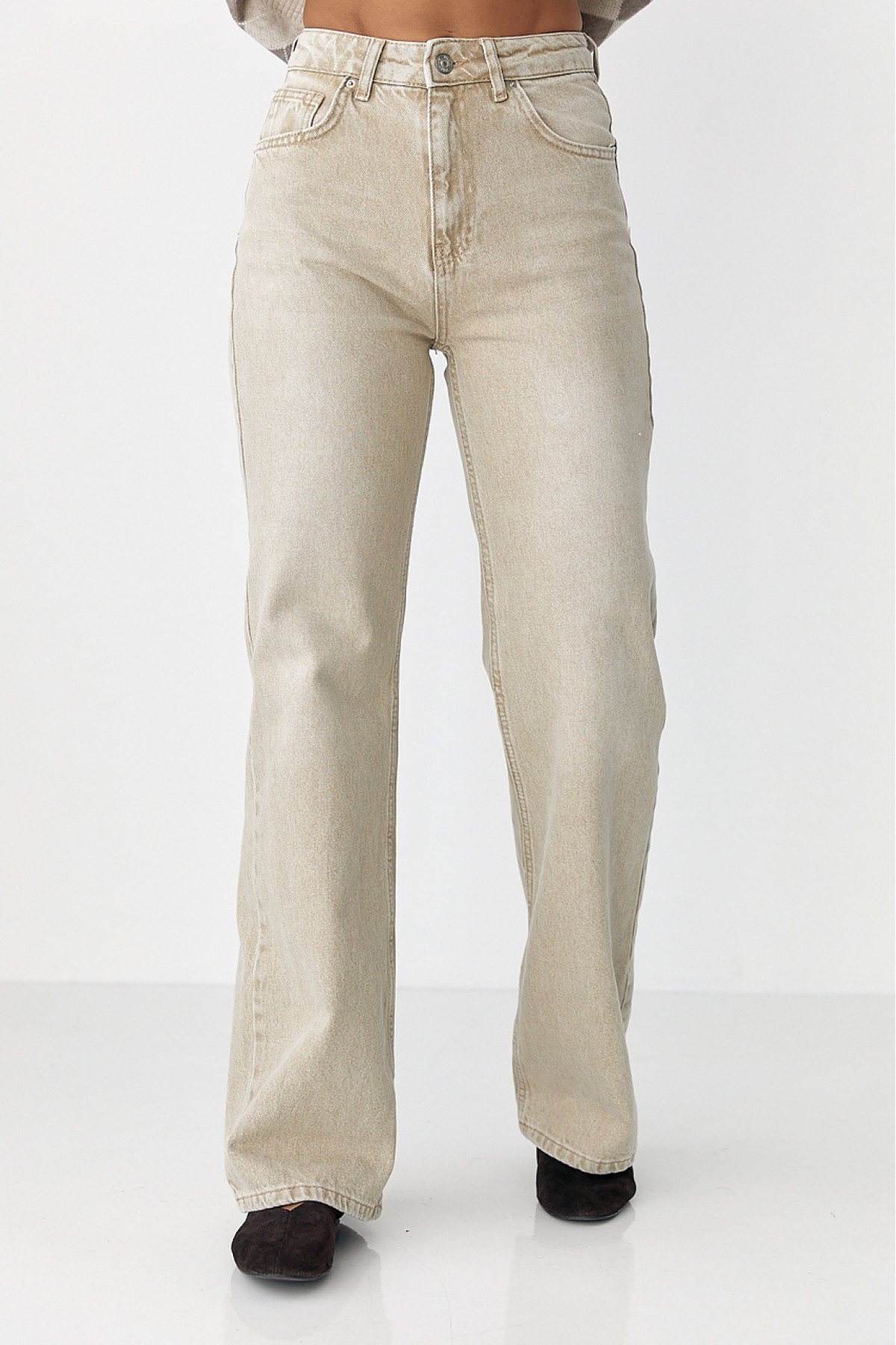 Широкі прямі жіночі джинси з високою посадкою  бежевий колір