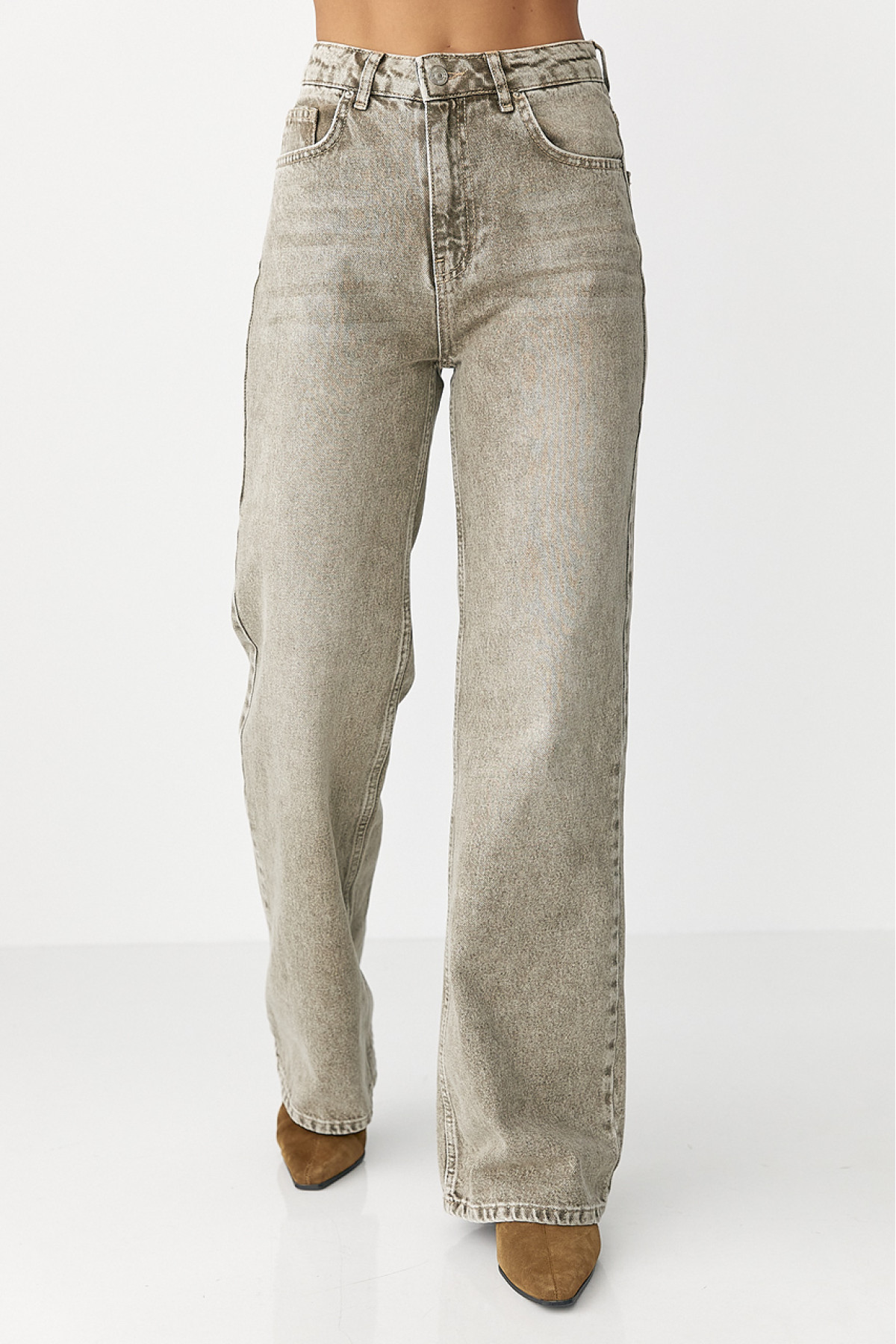 Широкі прямі жіночі джинси з високою посадкою  хакі колір