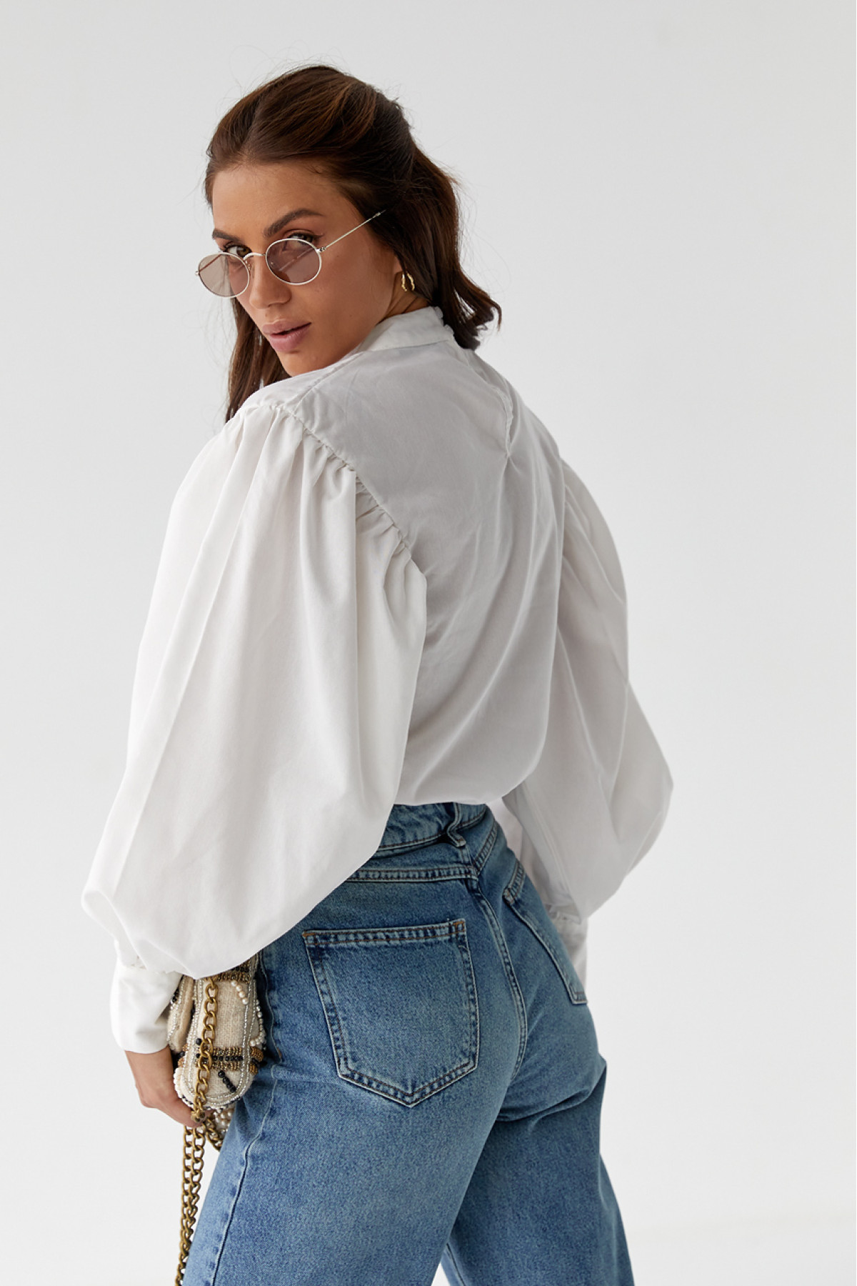 Блуза з об'ємними рукавами з накидкою та поясом EISA  зелений колір