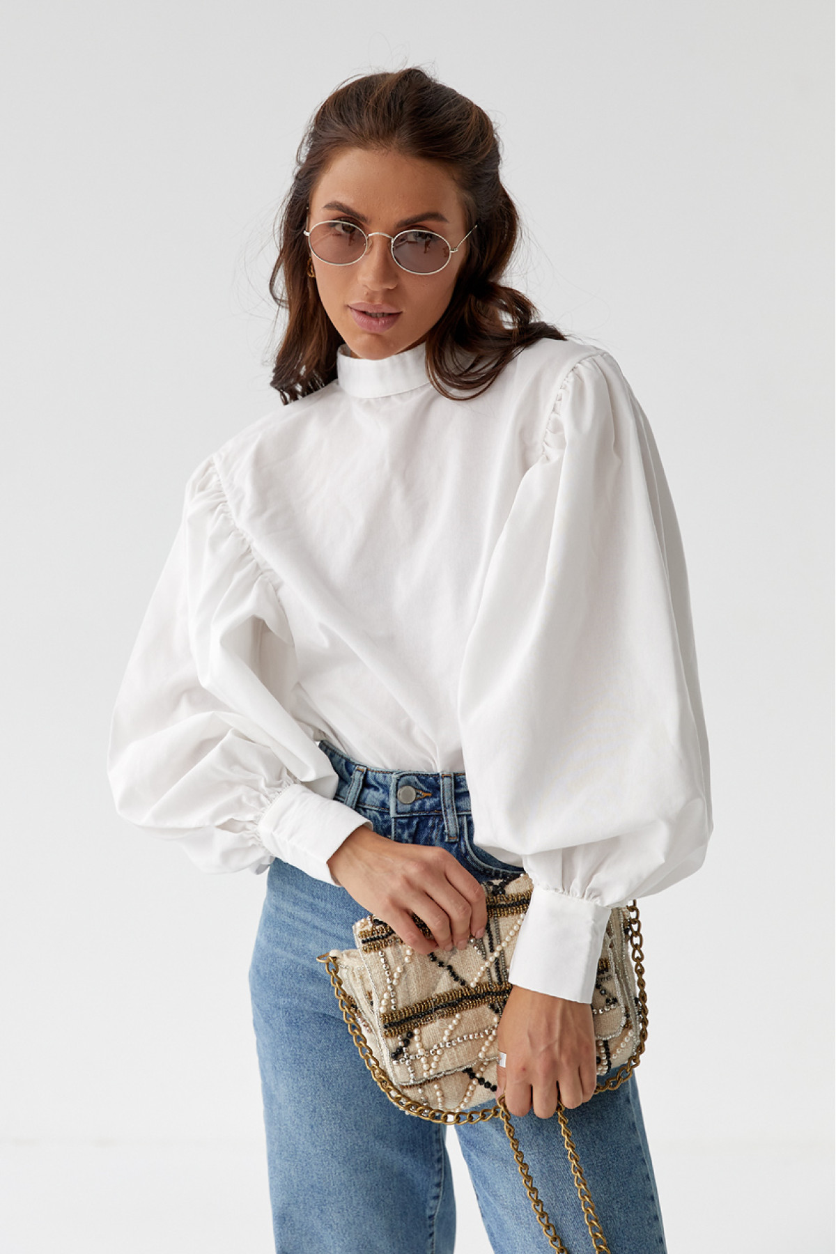 Блуза з об'ємними рукавами з накидкою та поясом EISA  зелений колір