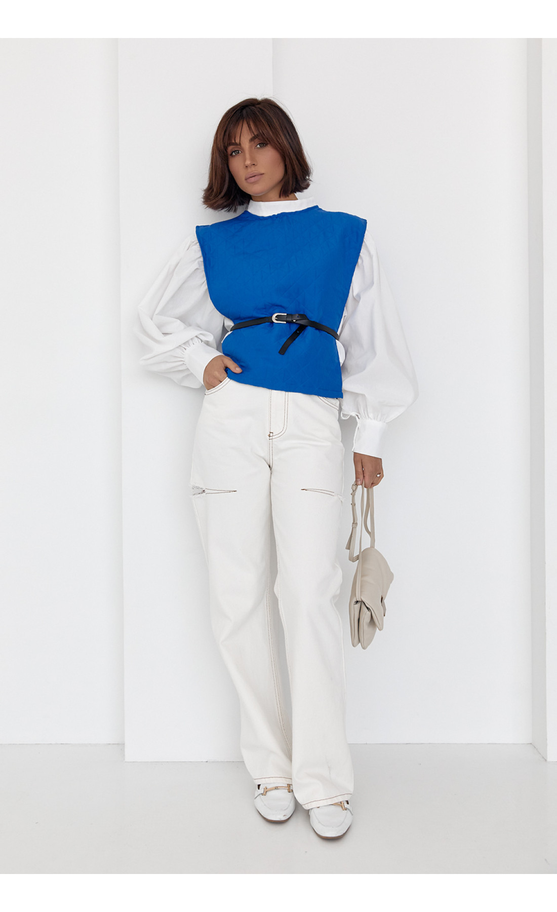 Блуза з об'ємними рукавами з накидкою та поясом EISA  синій колір