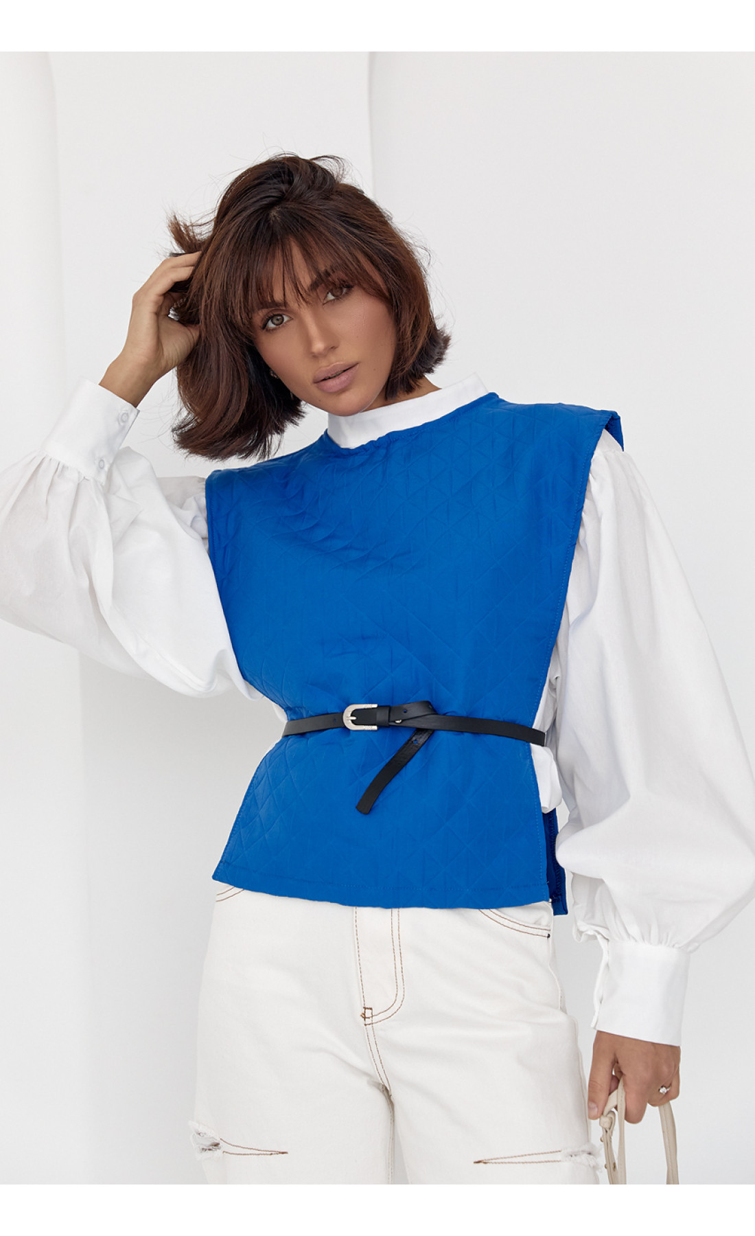 Блуза з об'ємними рукавами з накидкою та поясом EISA  синій колір