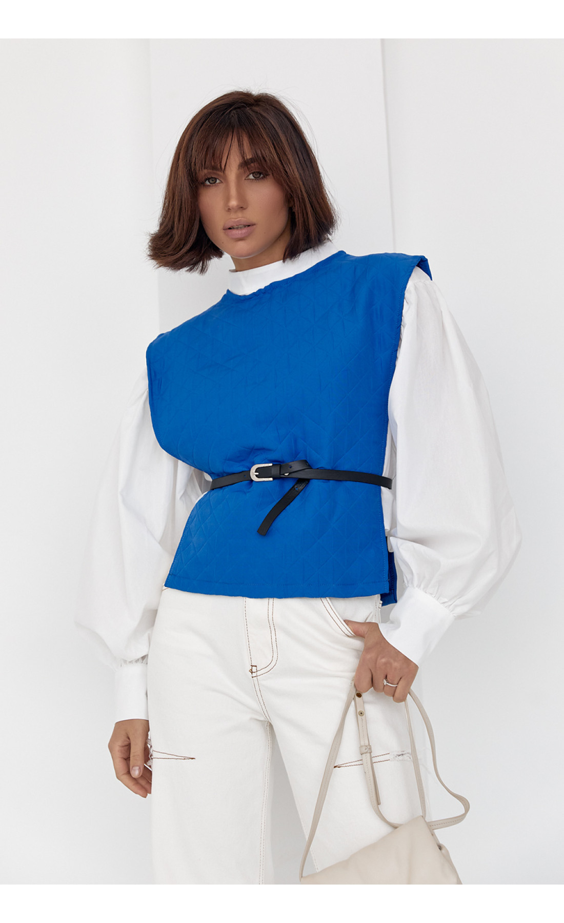 Блуза з об'ємними рукавами з накидкою та поясом EISA  синій колір