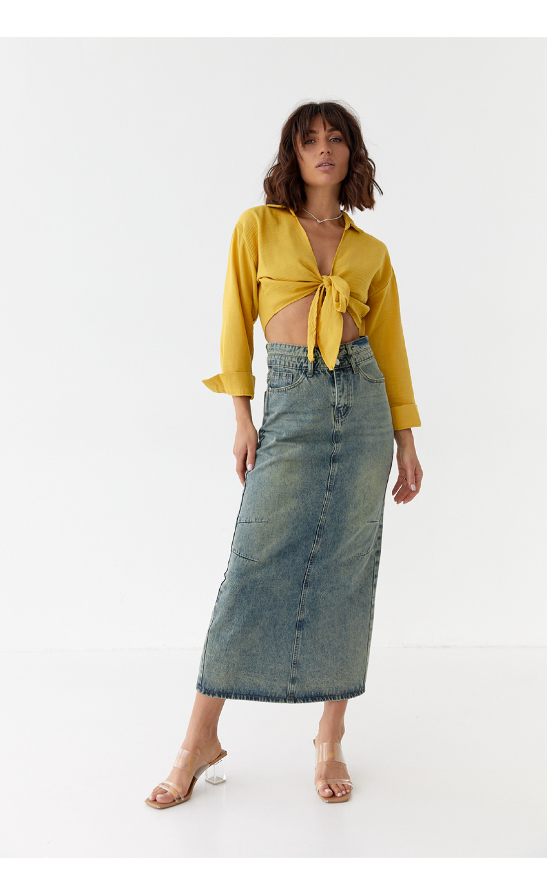 Жіноча вкорочена блузка на запах  гірчичний колір