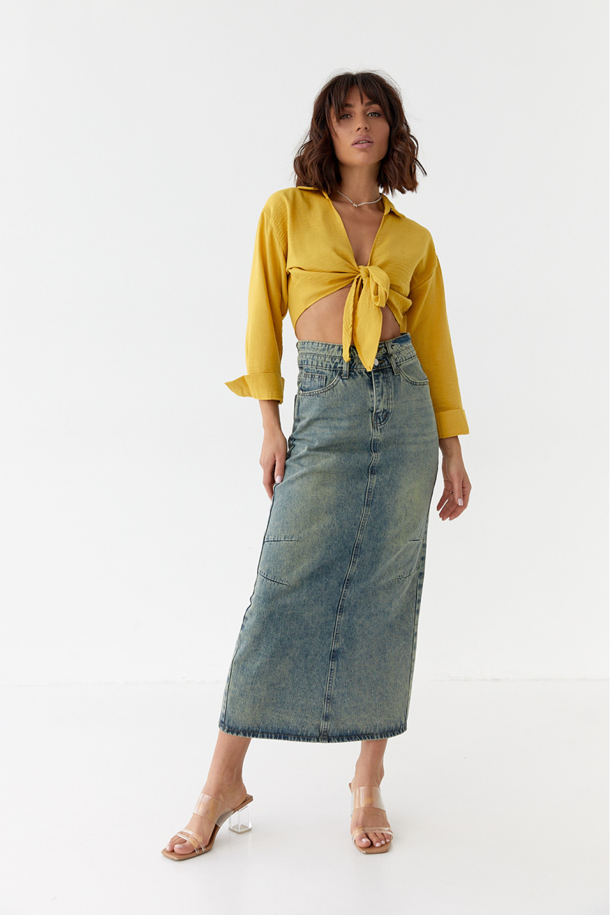 Жіноча вкорочена блузка на запах  гірчичний колір