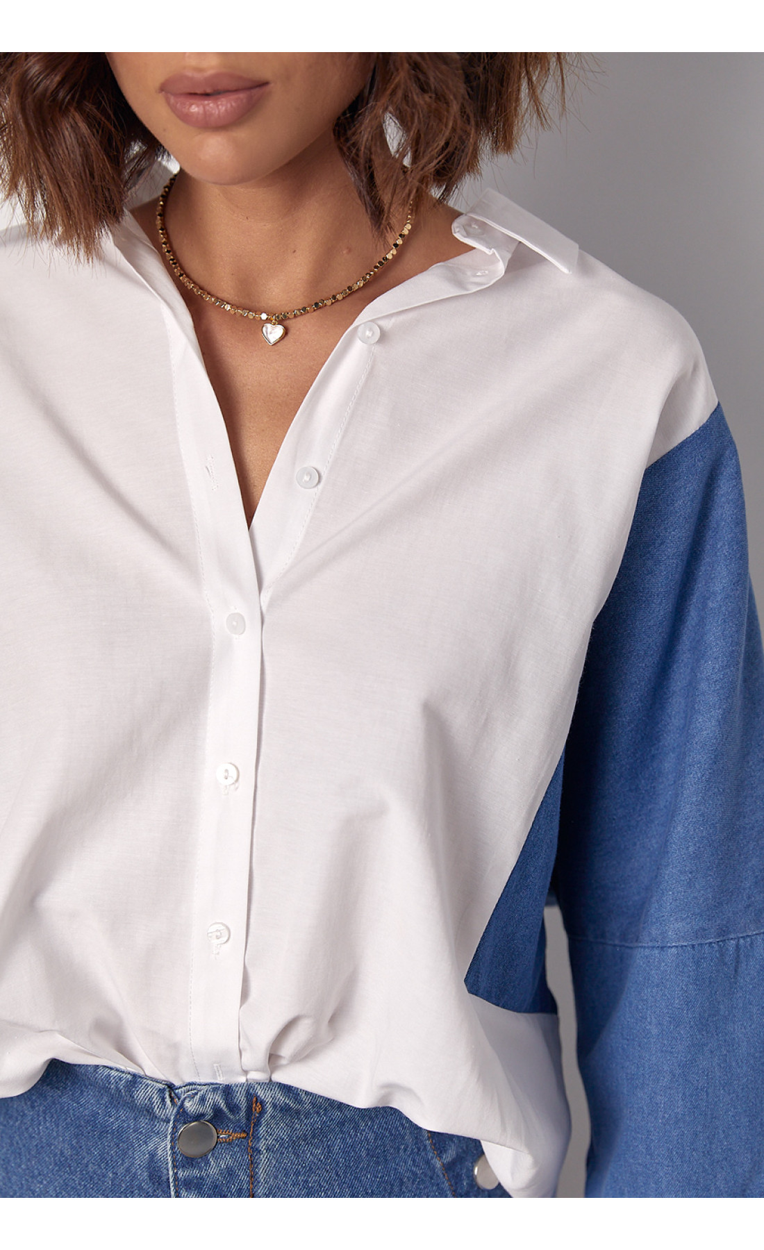 Жіноча комбінована сорочка в стилі оверсайз  білий колір