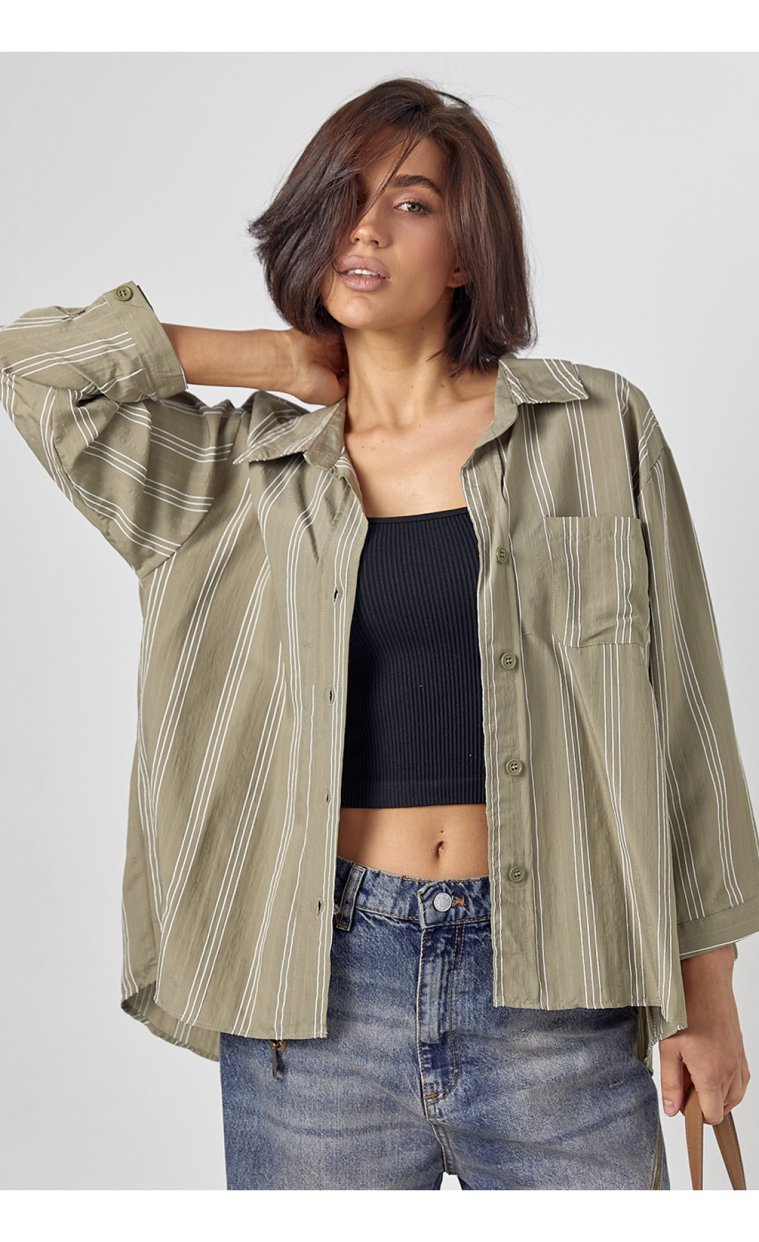 Жіноча сорочка у смужку з рукавами три чверті  хакі колір