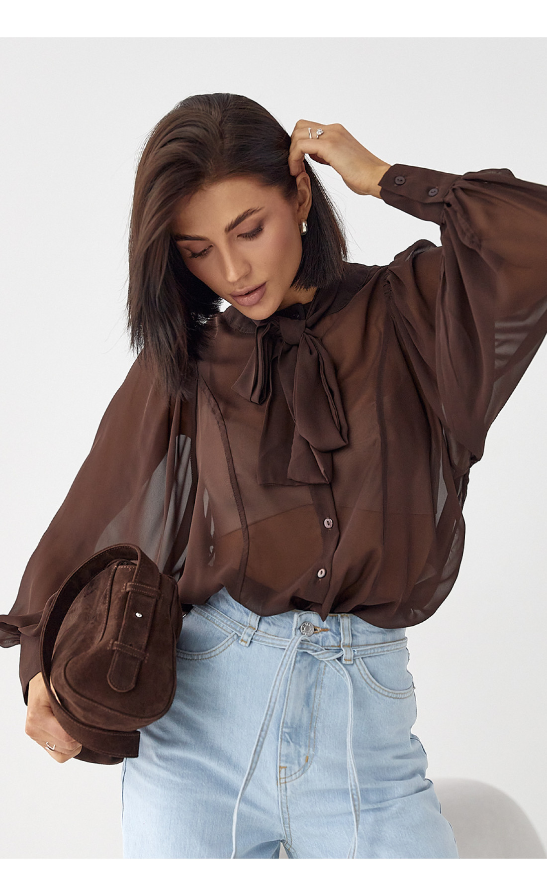 Прозора блуза з рукавамиліхтариками  коричневий колір