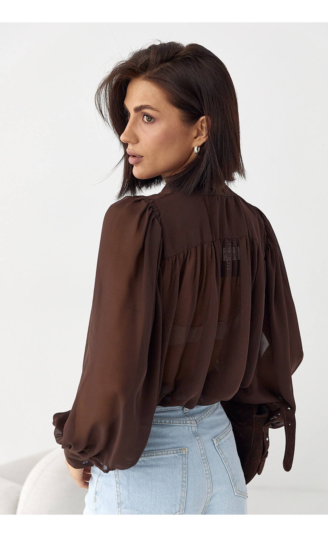 Прозора блуза з рукавамиліхтариками  коричневий колір