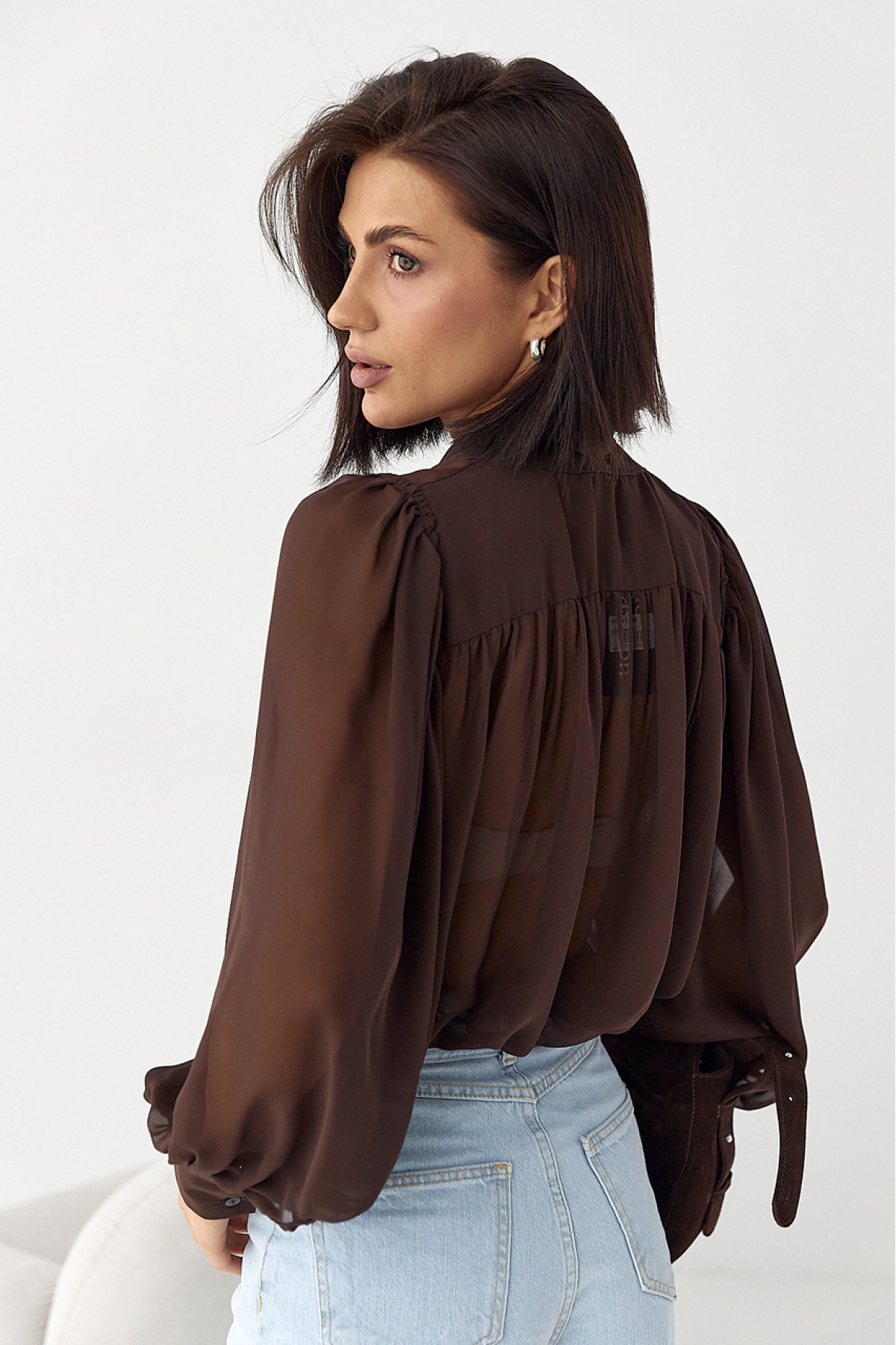 Прозора блуза з рукавамиліхтариками  коричневий колір