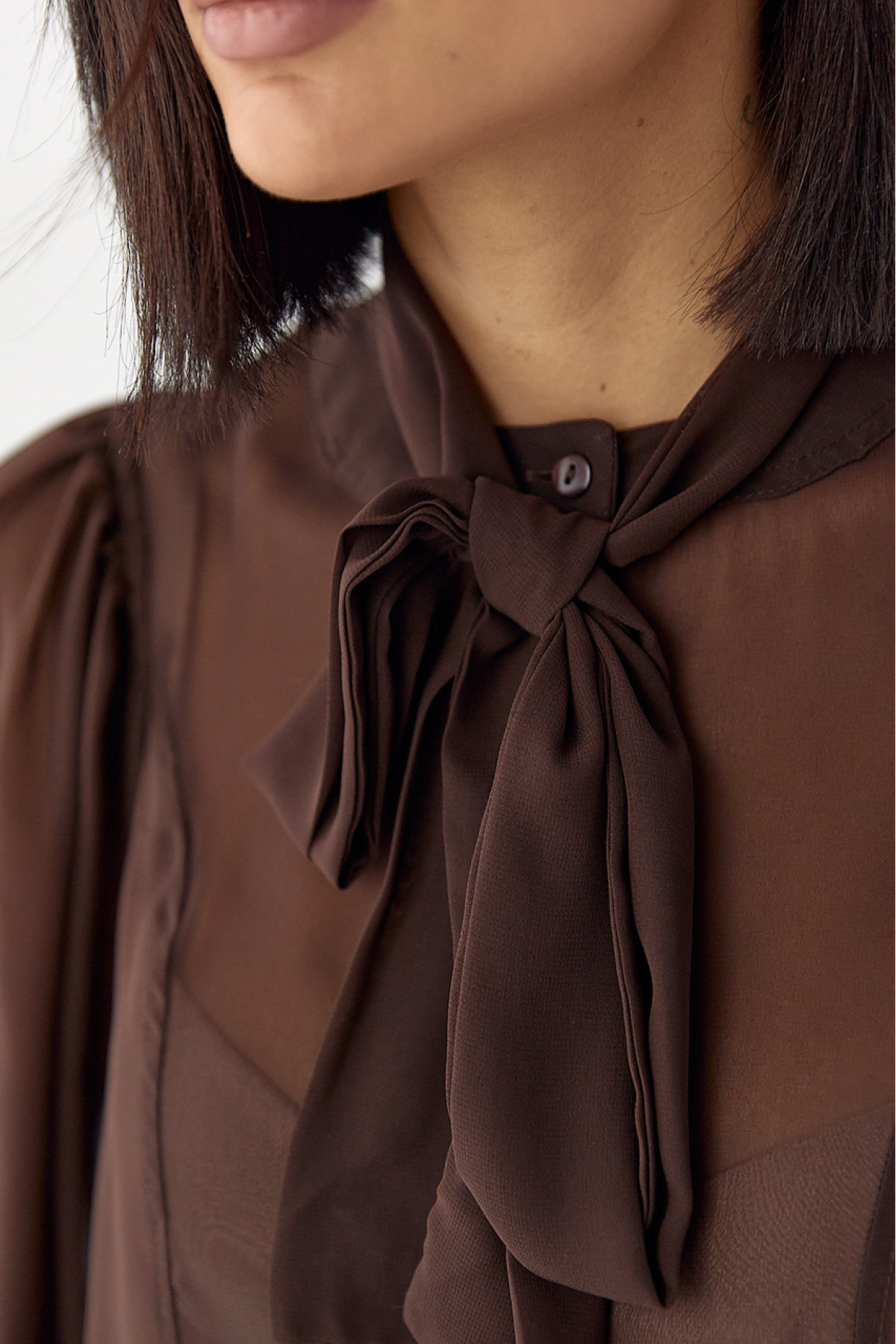 Прозора блуза з рукавамиліхтариками  коричневий колір