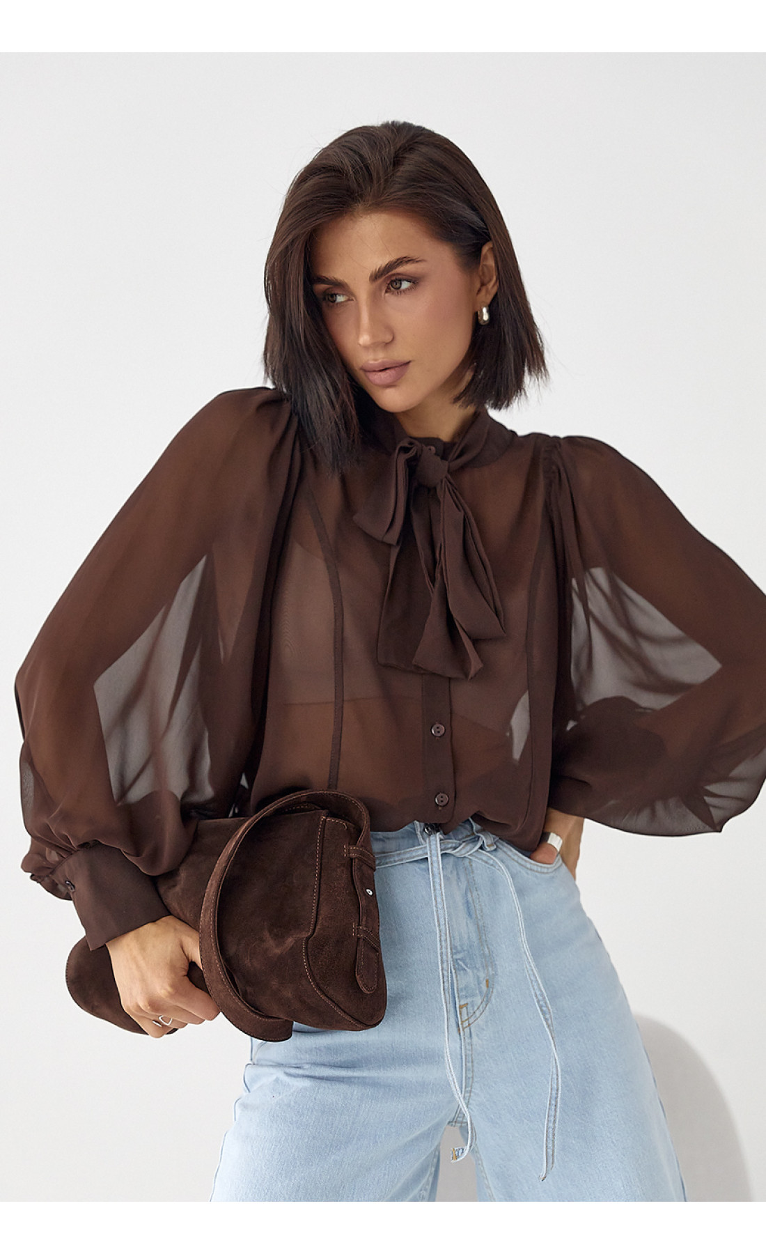 Прозора блуза з рукавамиліхтариками  коричневий колір