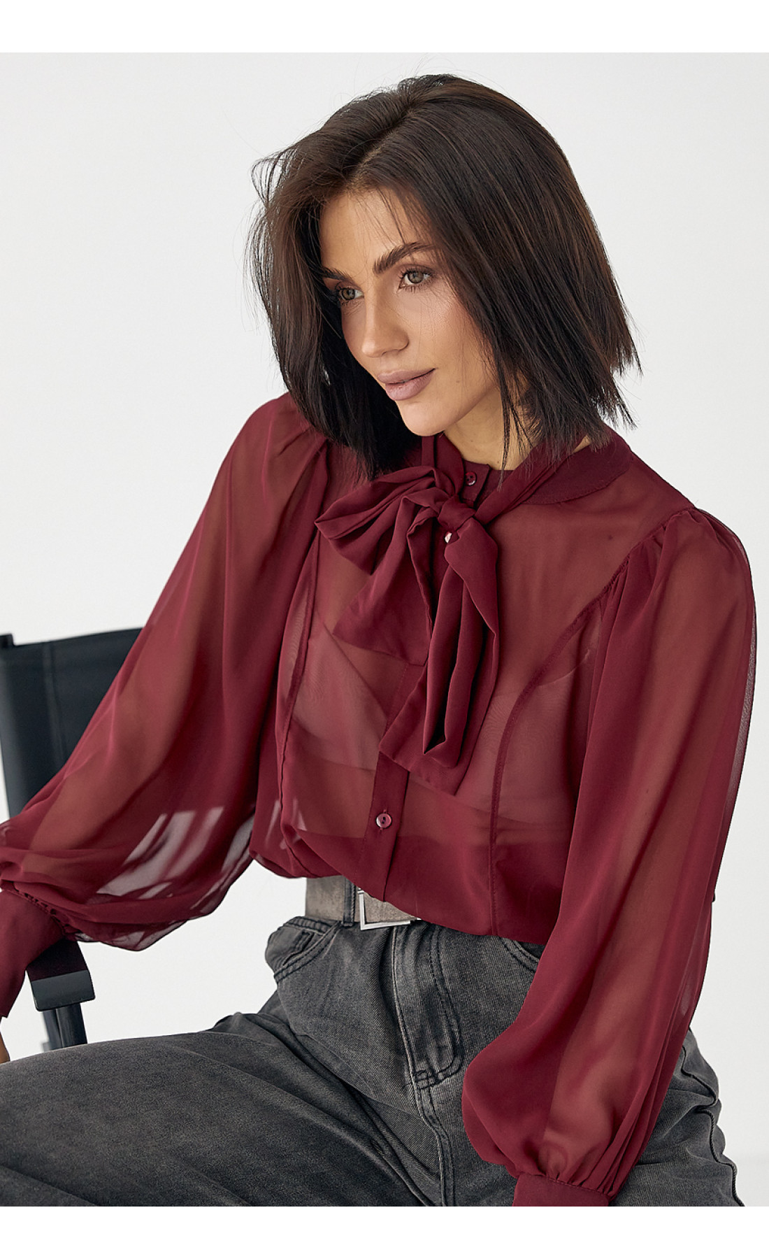 Прозора блуза з рукавамиліхтариками  бордо колір