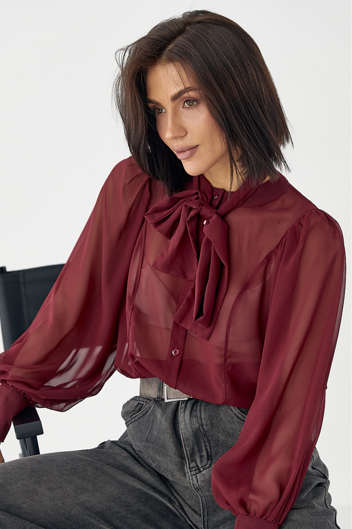 Прозора блуза з рукавамиліхтариками  бордо колір