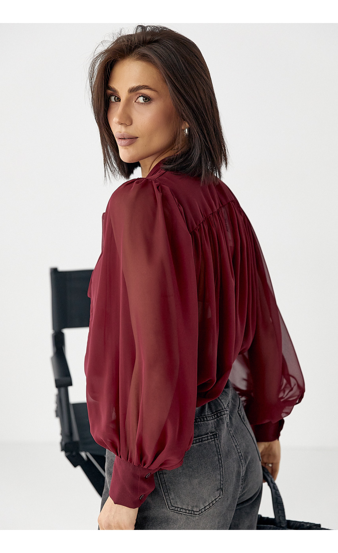 Прозора блуза з рукавамиліхтариками  бордо колір
