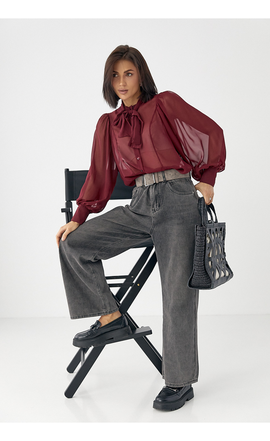 Прозора блуза з рукавамиліхтариками  бордо колір