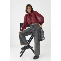 Прозора блуза з рукавамиліхтариками  бордо колір