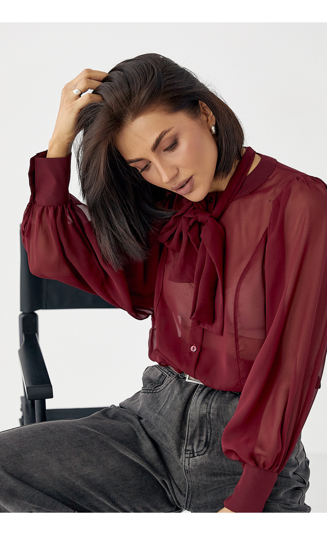 Прозора блуза з рукавамиліхтариками  бордо колір