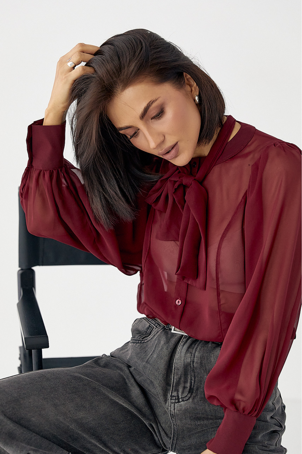 Прозора блуза з рукавамиліхтариками  бордо колір