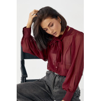 Прозора блуза з рукавамиліхтариками  бордо колір