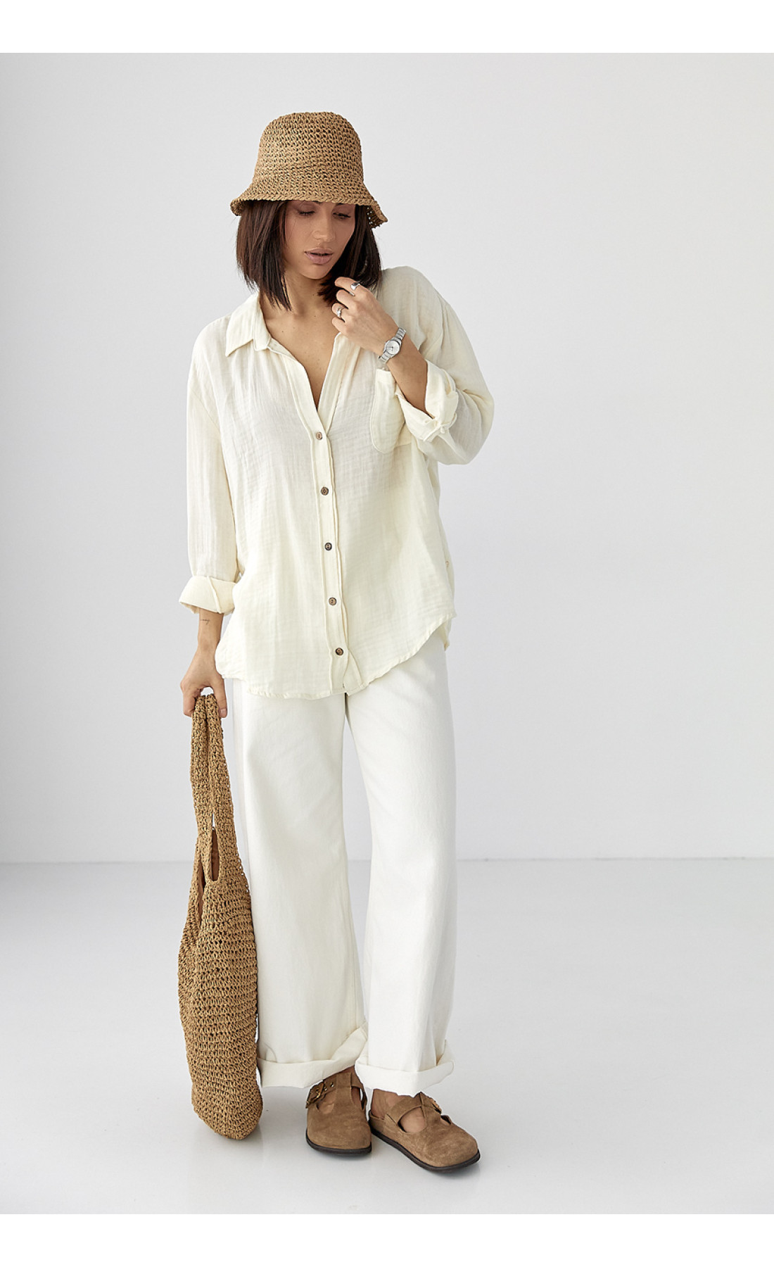 Муслінова сорочка на ґудзиках  кремовий колір