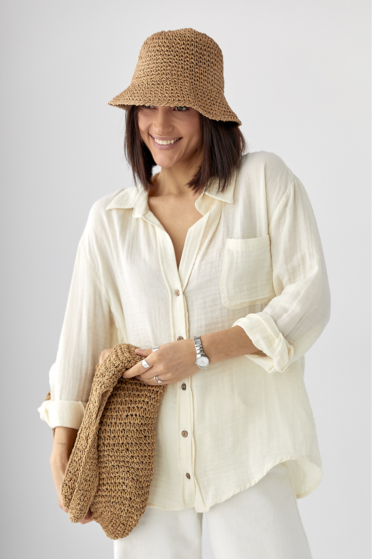 Муслінова сорочка на ґудзиках  кремовий колір