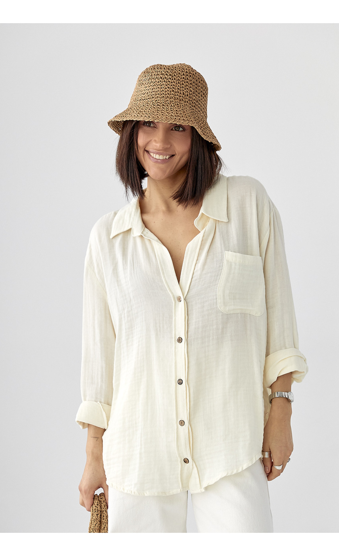Муслінова сорочка на ґудзиках  кремовий колір