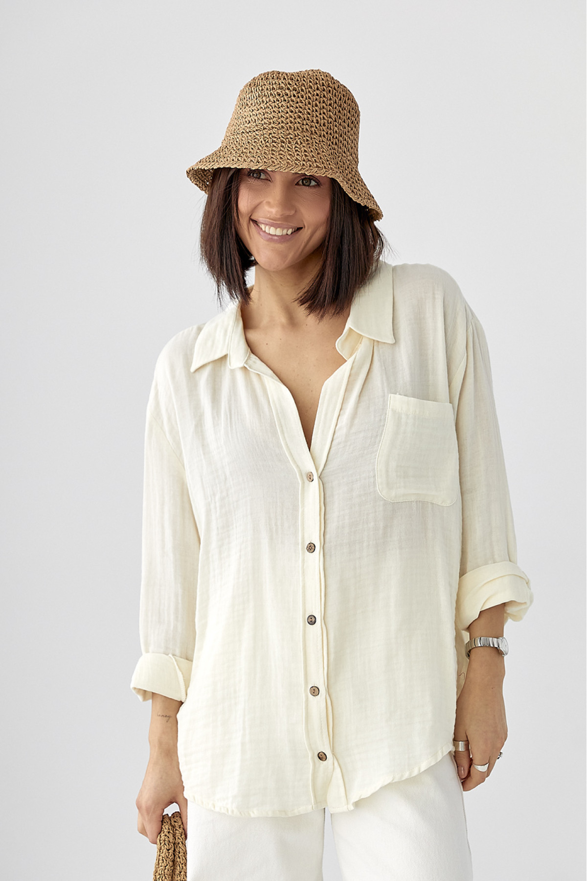 Муслінова сорочка на ґудзиках  кремовий колір