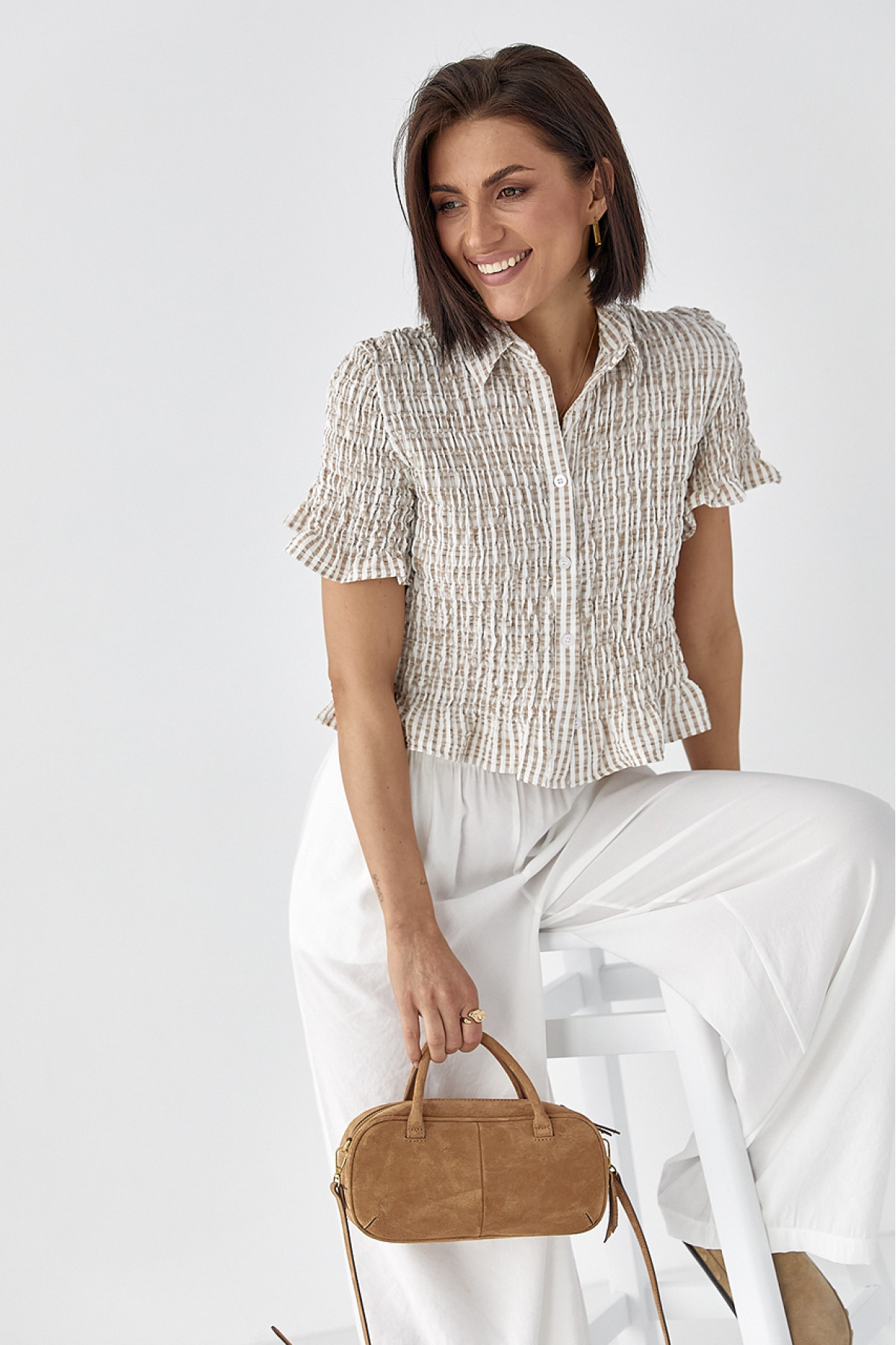 Смугаста блуза з ефектом жатки  кавовий колір