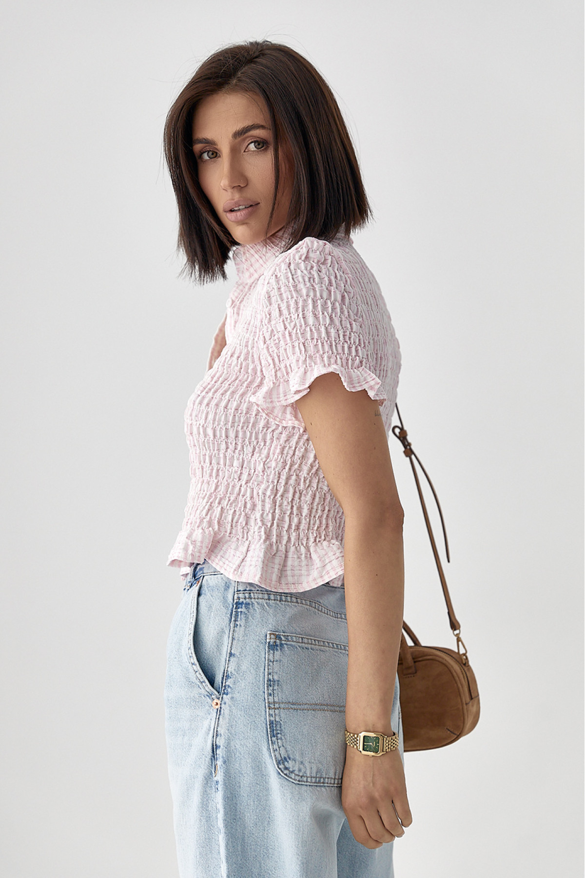 Смугаста блуза з ефектом жатки  рожевий колір