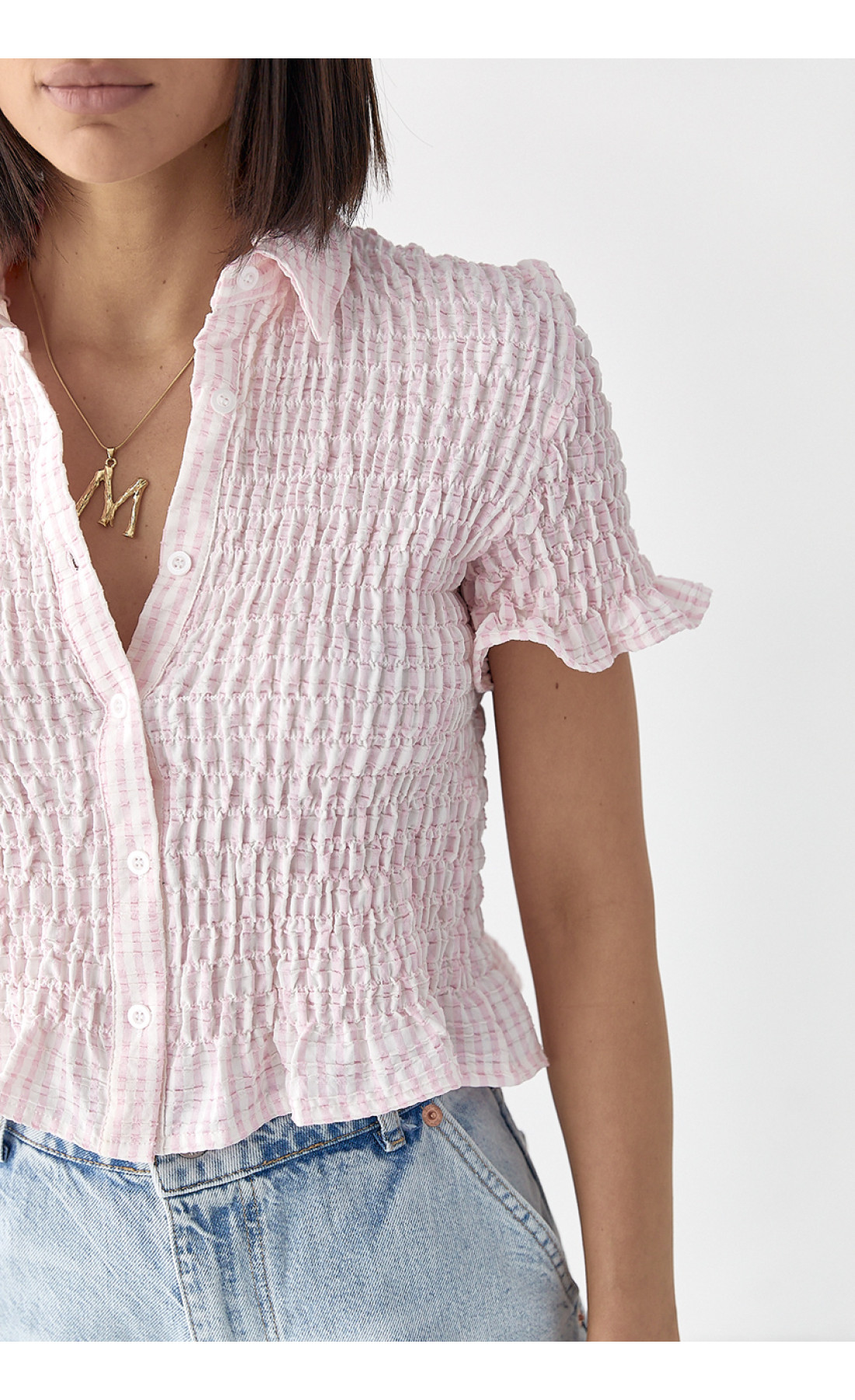 Смугаста блуза з ефектом жатки  рожевий колір