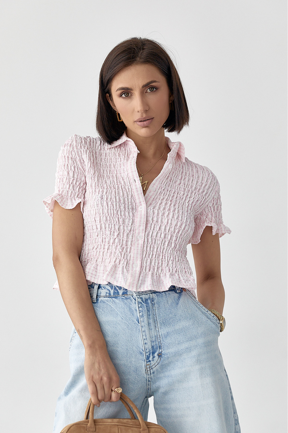 Смугаста блуза з ефектом жатки  рожевий колір