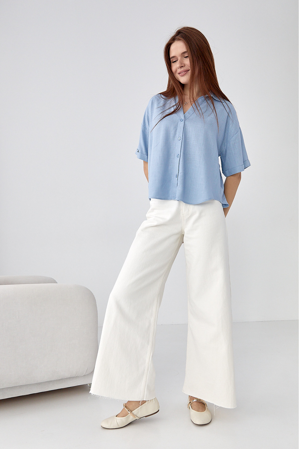 Укорочена сорочка  з напівкруглим низом  джинс колір