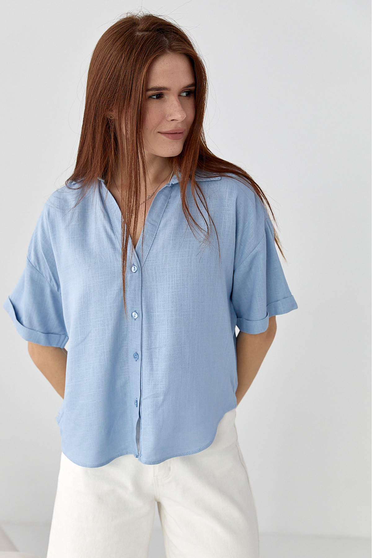Укорочена сорочка  з напівкруглим низом  джинс колір