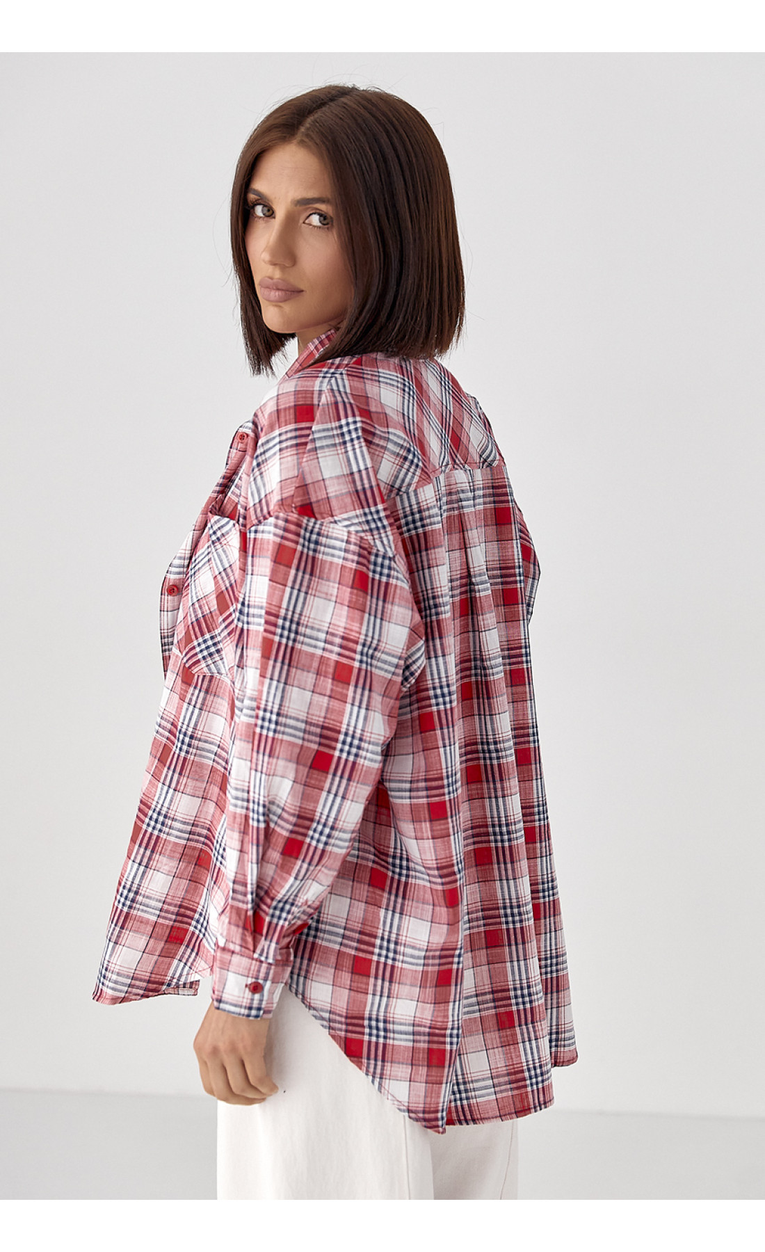 Жіноча клітчаста сорочка на ґудзиках  червоний колір