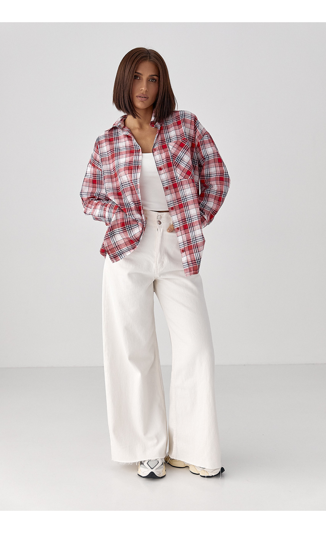 Жіноча клітчаста сорочка на ґудзиках  червоний колір