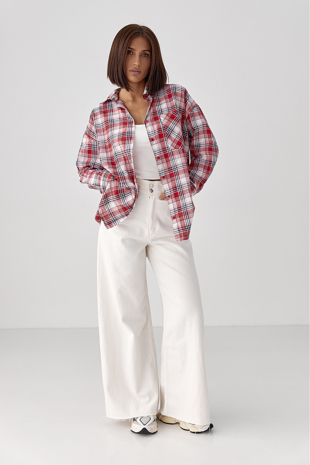 Жіноча клітчаста сорочка на ґудзиках  червоний колір