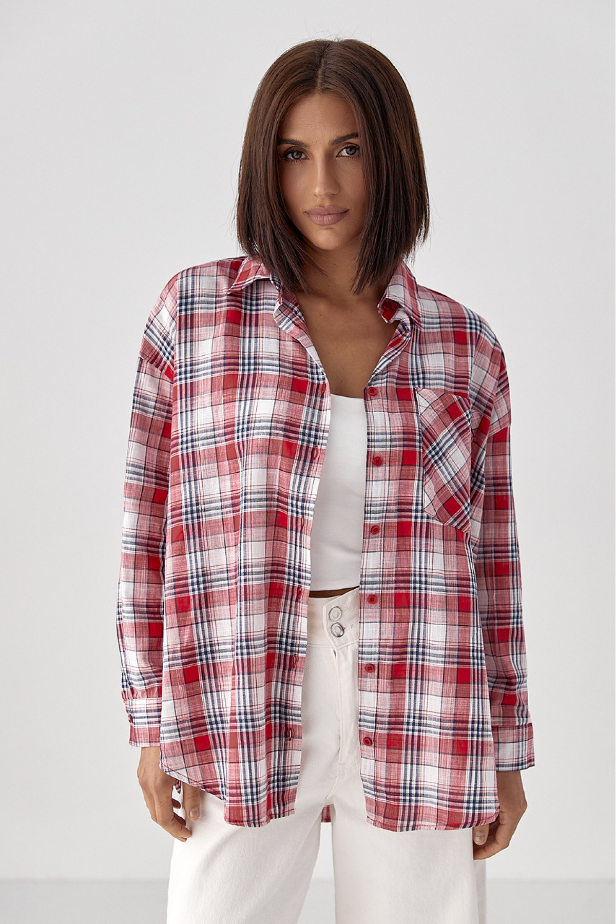 Жіноча клітчаста сорочка на ґудзиках  червоний колір